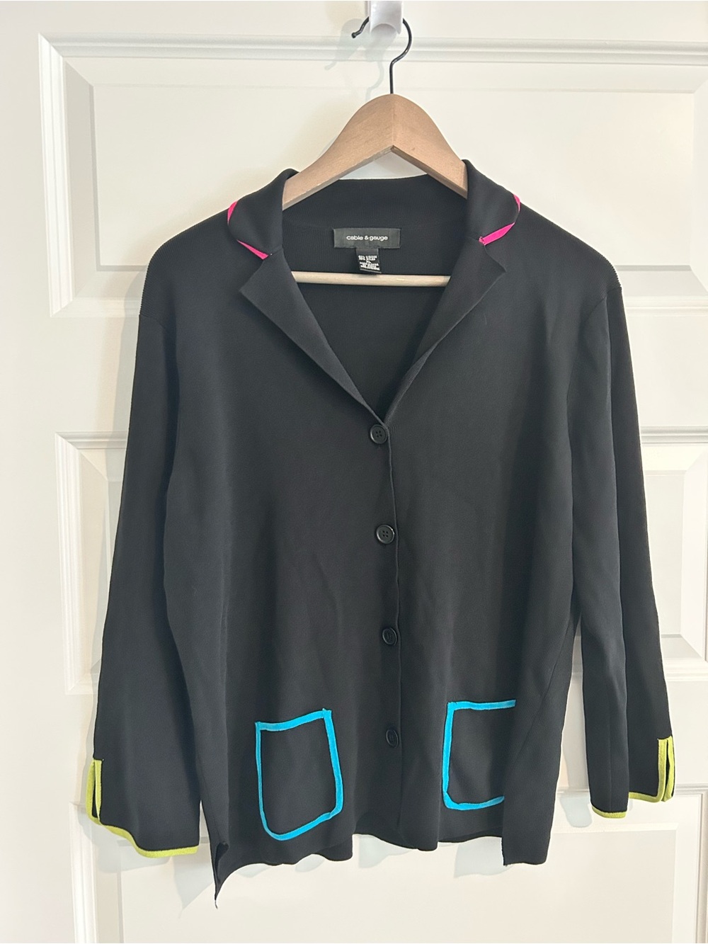 Cable and Gauge Black Knit Jacket Colorful Trim Size XL